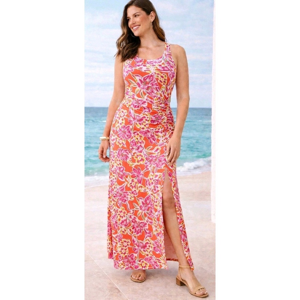 Lauren Ralph Lauren Floral Maxi Dress Ruched Slit Resort Beach Pink L
